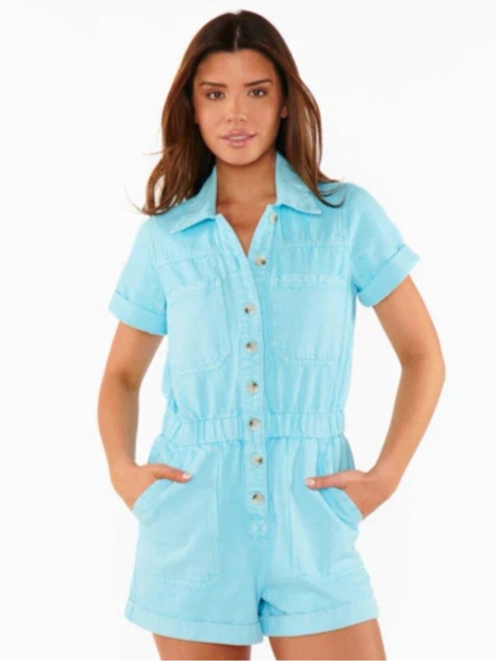 Show Me Your MuMu Light Blue Denim Short Sleeve Romper